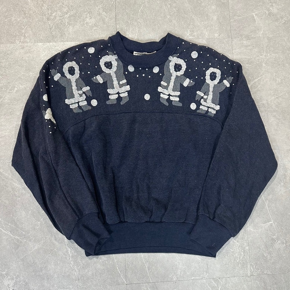 Vintage Little Lisa Ltd Navy Blue Winter Graphic Sweatshirt Women Medium Retro